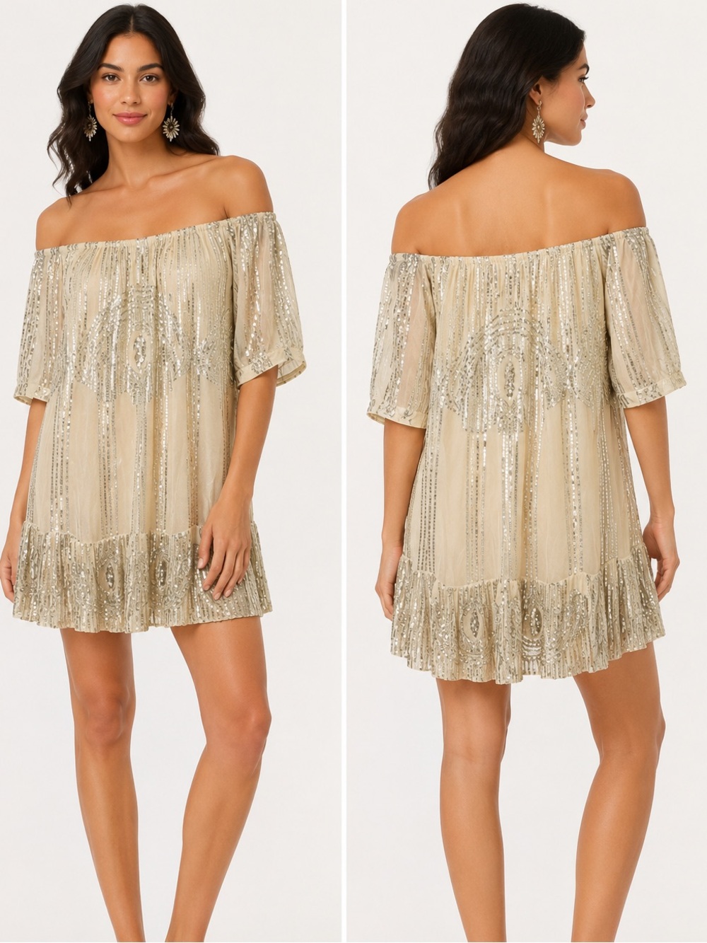 Anthropologie Carolina L Charro short sequin beaded off the shoulder dress ivory